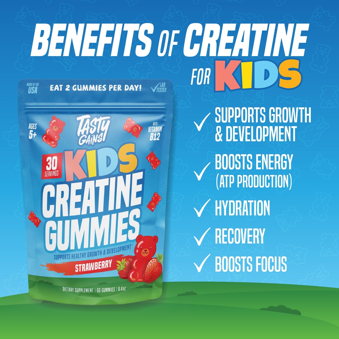 TASTY GAINS Kids & Teen Creatine Gummies with Vitamin B12 for Growth Support, Easy Chew Daily Supplement, Gummy Vitamins for Kids and Teens, Ages 5+ - dailyvitalstore