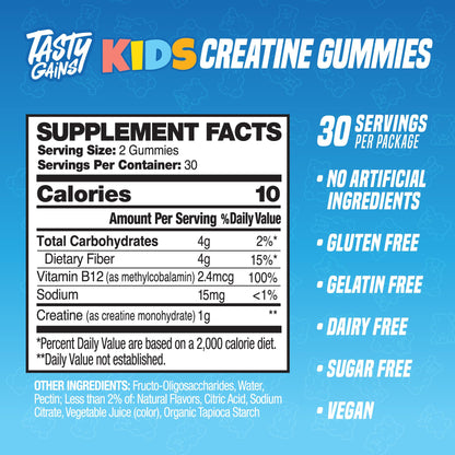 TASTY GAINS Kids & Teen Creatine Gummies with Vitamin B12 for Growth Support, Easy Chew Daily Supplement, Gummy Vitamins for Kids and Teens, Ages 5+ - dailyvitalstore