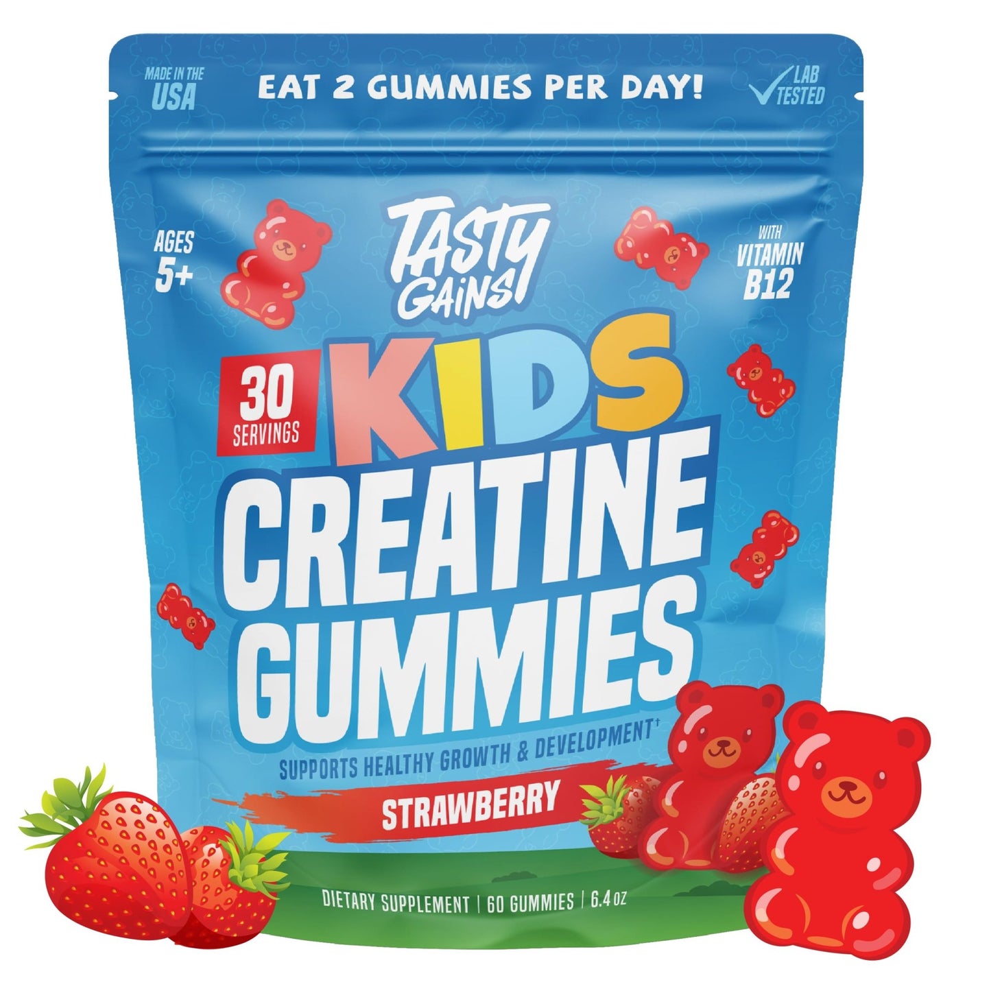 TASTY GAINS Kids & Teen Creatine Gummies with Vitamin B12 for Growth Support, Easy Chew Daily Supplement, Gummy Vitamins for Kids and Teens, Ages 5+ - dailyvitalstore