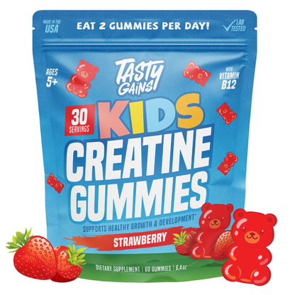 TASTY GAINS Kids & Teen Creatine Gummies with Vitamin B12 for Growth Support, Easy Chew Daily Supplement, Gummy Vitamins for Kids and Teens, Ages 5+ - dailyvitalstore