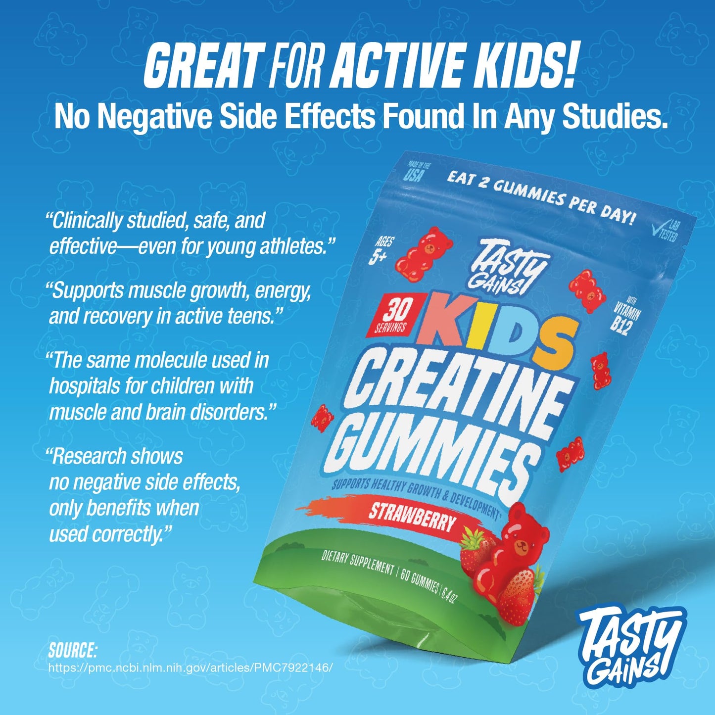 TASTY GAINS Kids & Teen Creatine Gummies with Vitamin B12 for Growth Support, Easy Chew Daily Supplement, Gummy Vitamins for Kids and Teens, Ages 5+ - dailyvitalstore