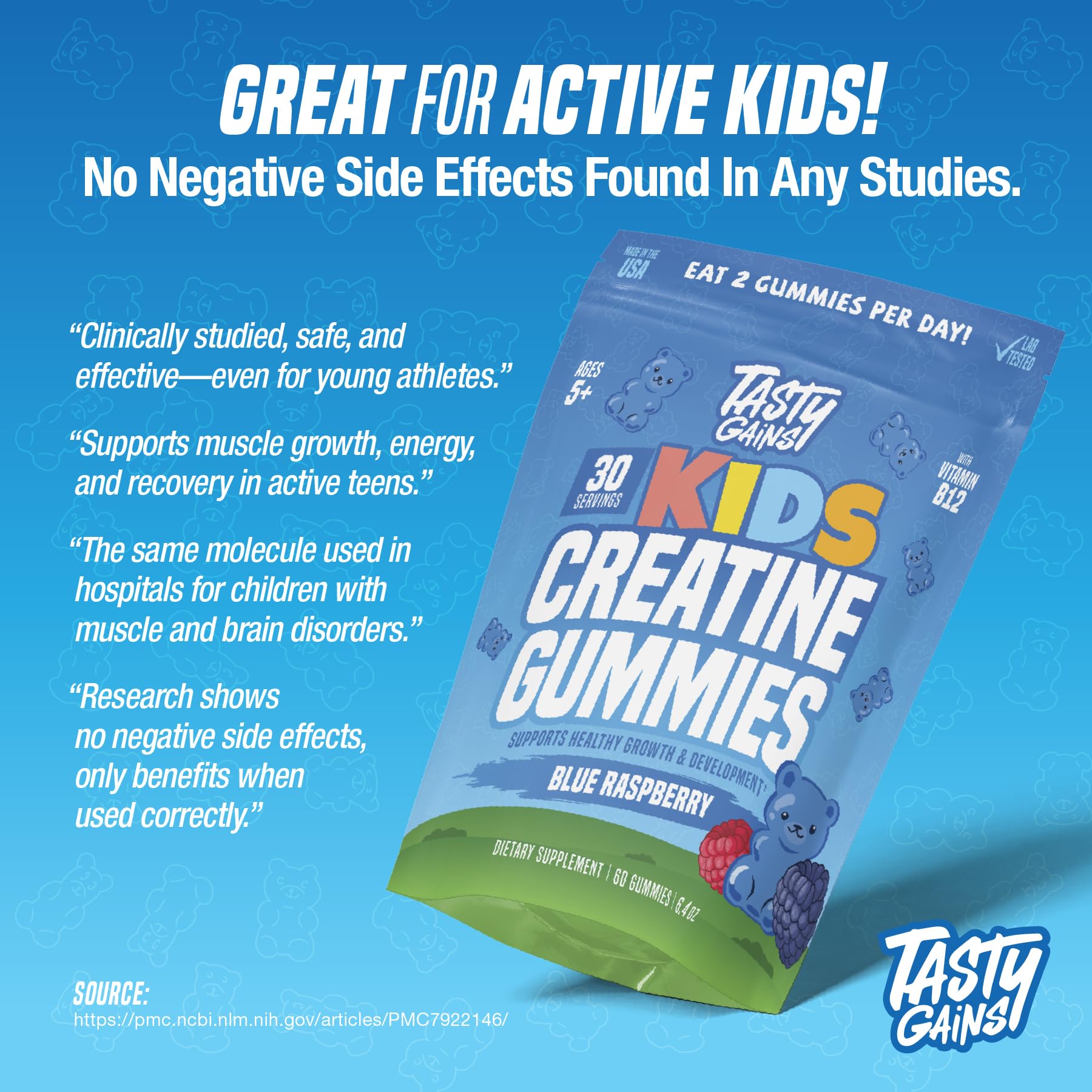 TASTY GAINS Kids & Teen Creatine Gummies with Vitamin B12 for Growth Support, Easy Chew Daily Supplement, Gummy Vitamins for Kids and Teens, Ages 5+ - dailyvitalstore