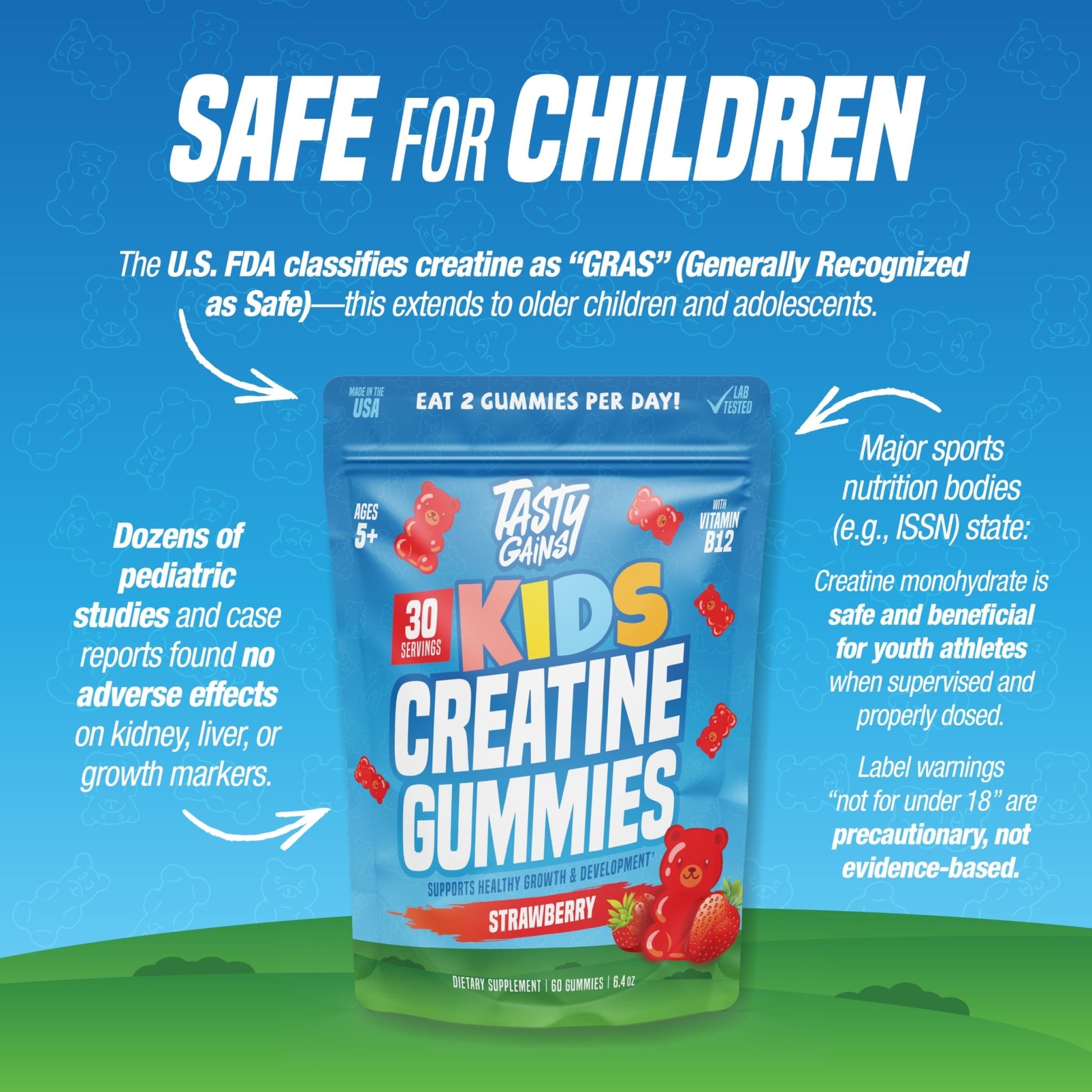 TASTY GAINS Kids & Teen Creatine Gummies with Vitamin B12 for Growth Support, Easy Chew Daily Supplement, Gummy Vitamins for Kids and Teens, Ages 5+ - dailyvitalstore
