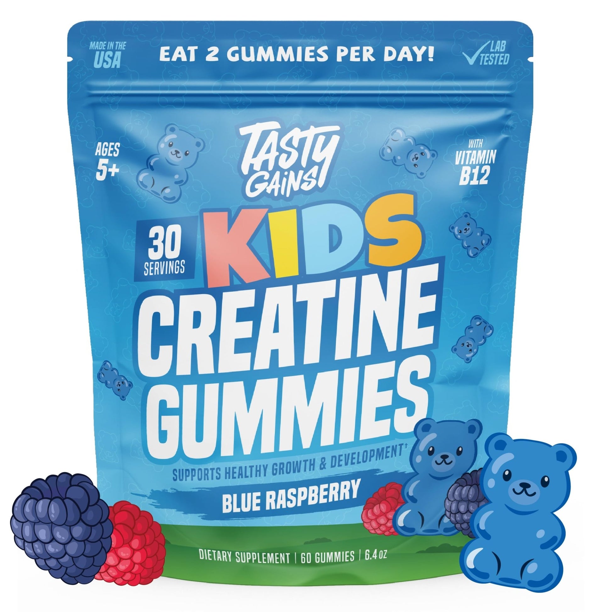 TASTY GAINS Kids & Teen Creatine Gummies with Vitamin B12 for Growth Support, Easy Chew Daily Supplement, Gummy Vitamins for Kids and Teens, Ages 5+ - dailyvitalstore