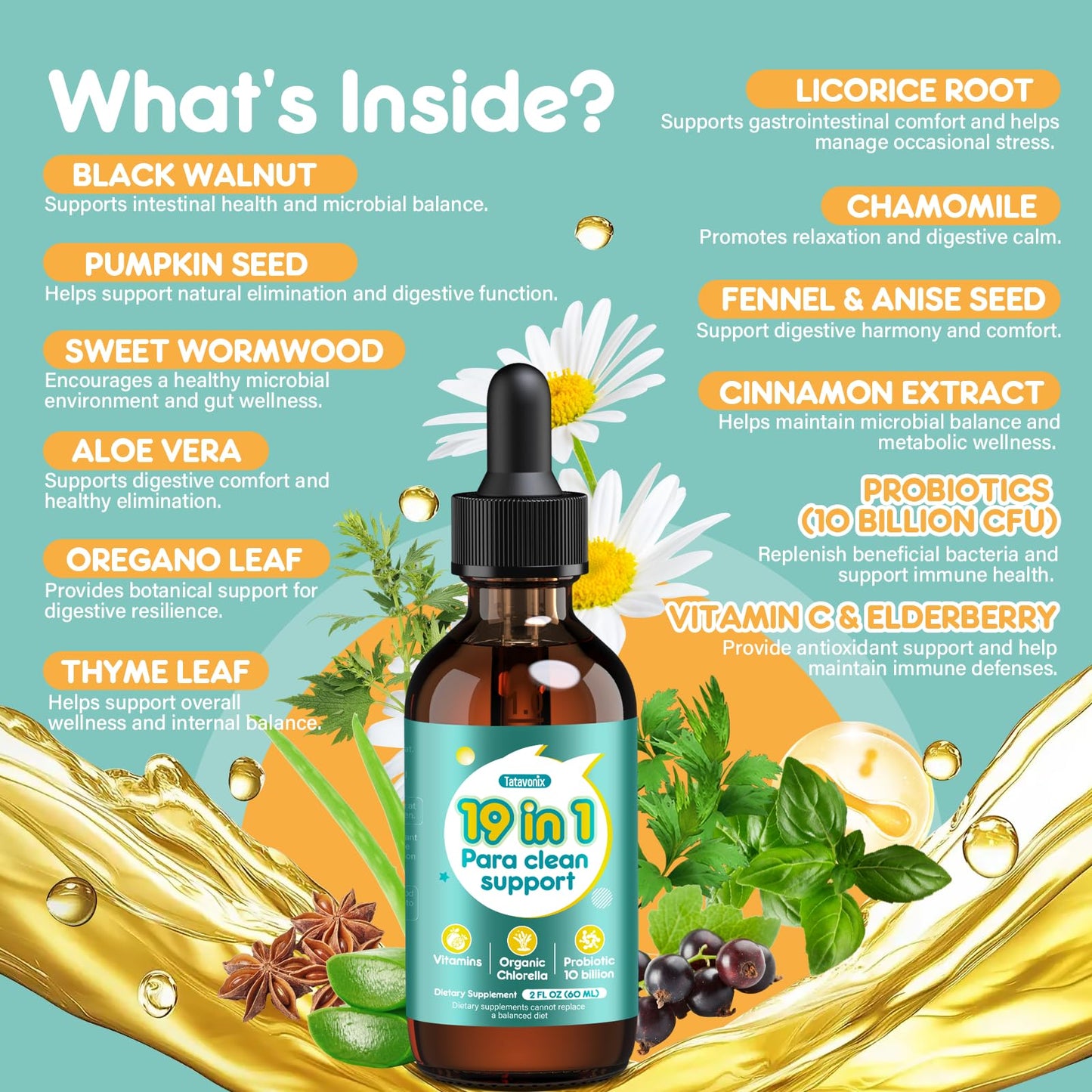 Tatavonix 19 in 1 Herbal Gut Cleanse Drops – Wormwood, Black Walnut, Chlorella 250mg, 10B Probiotics, Clove & Oregano - dailyvitalstore