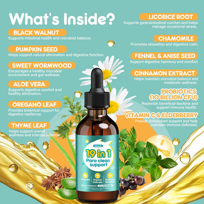Tatavonix 19 in 1 Herbal Gut Cleanse Drops – Wormwood, Black Walnut, Chlorella 250mg, 10B Probiotics, Clove & Oregano - dailyvitalstore