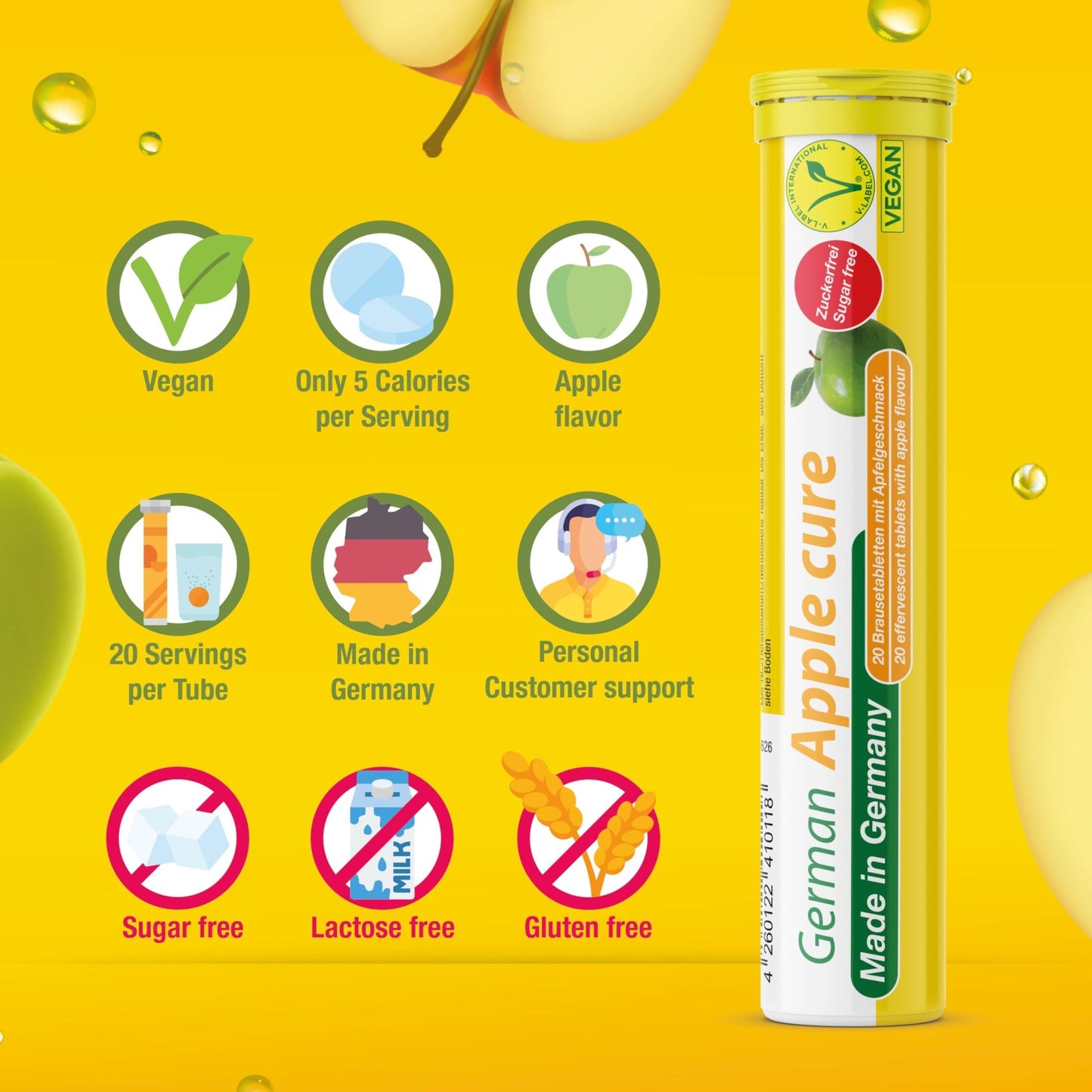 T&D German Apple Cure - 40 Vegan Drink Effervescent Tablets - Apple Flavor - Made in Germany - dailyvitalstore