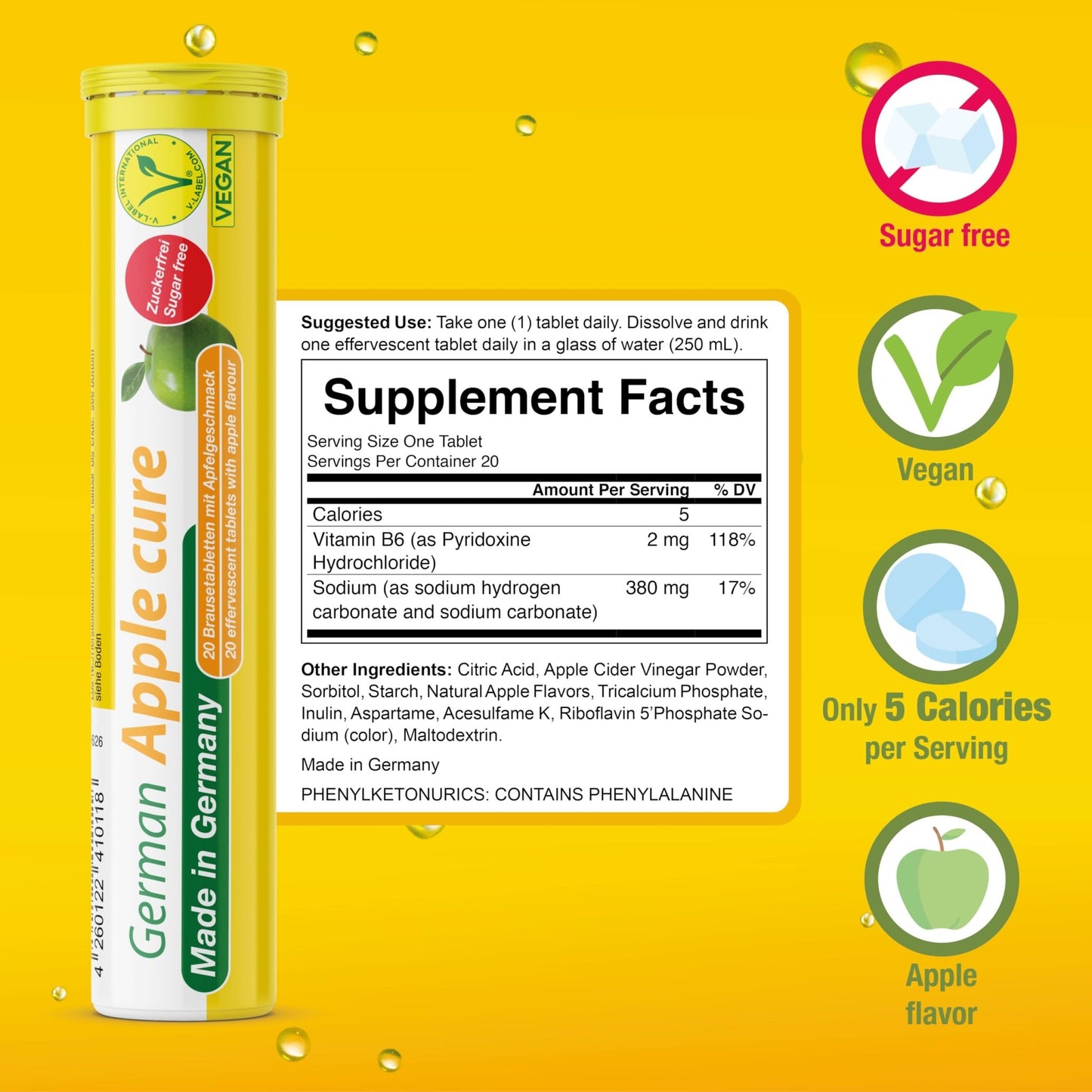 T&D German Apple Cure - 40 Vegan Drink Effervescent Tablets - Apple Flavor - Made in Germany - dailyvitalstore