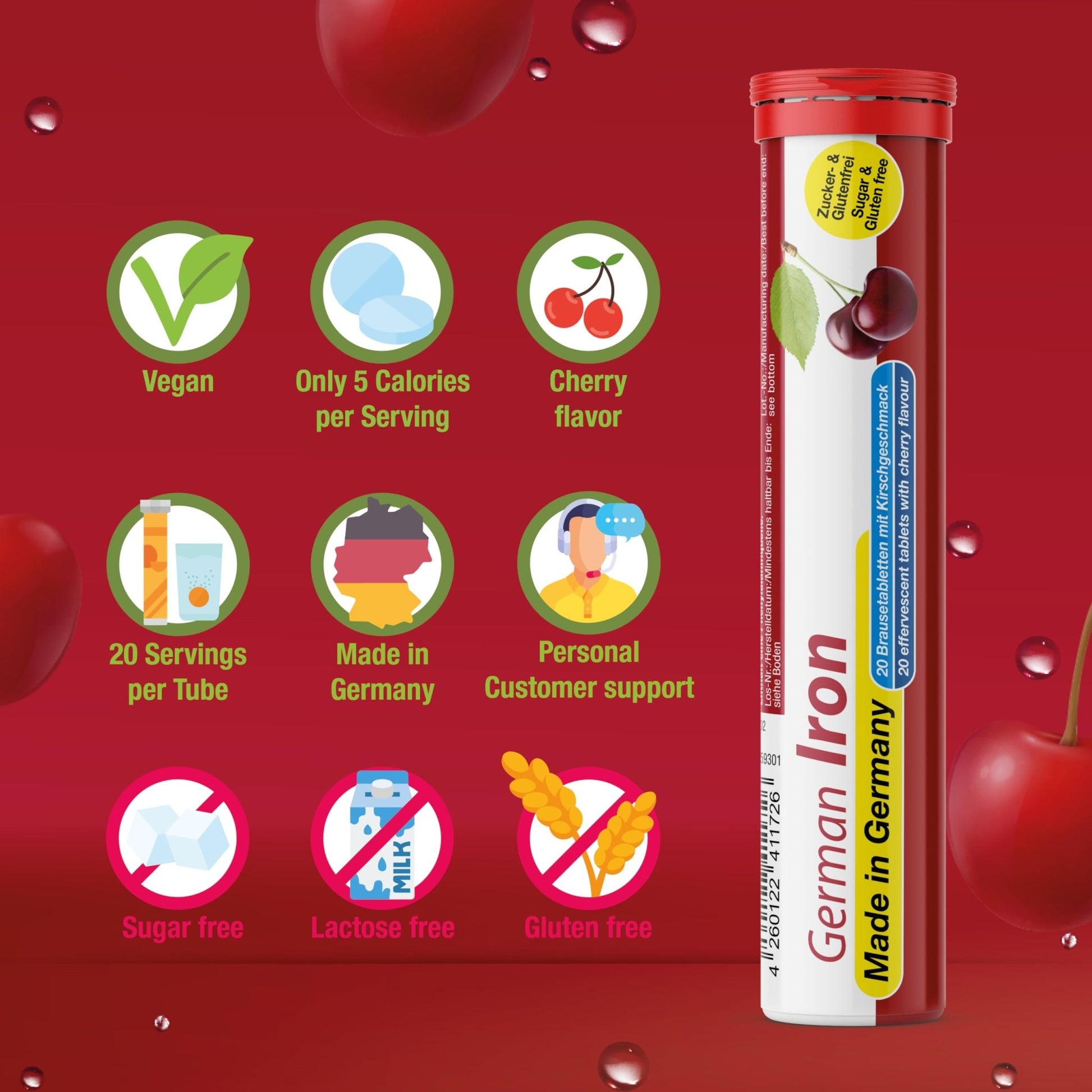 T&D German Iron 14 mg - 60 Vegan Drink Effervescent Tablets - Cherry Flavor - Made in Germany - dailyvitalstore