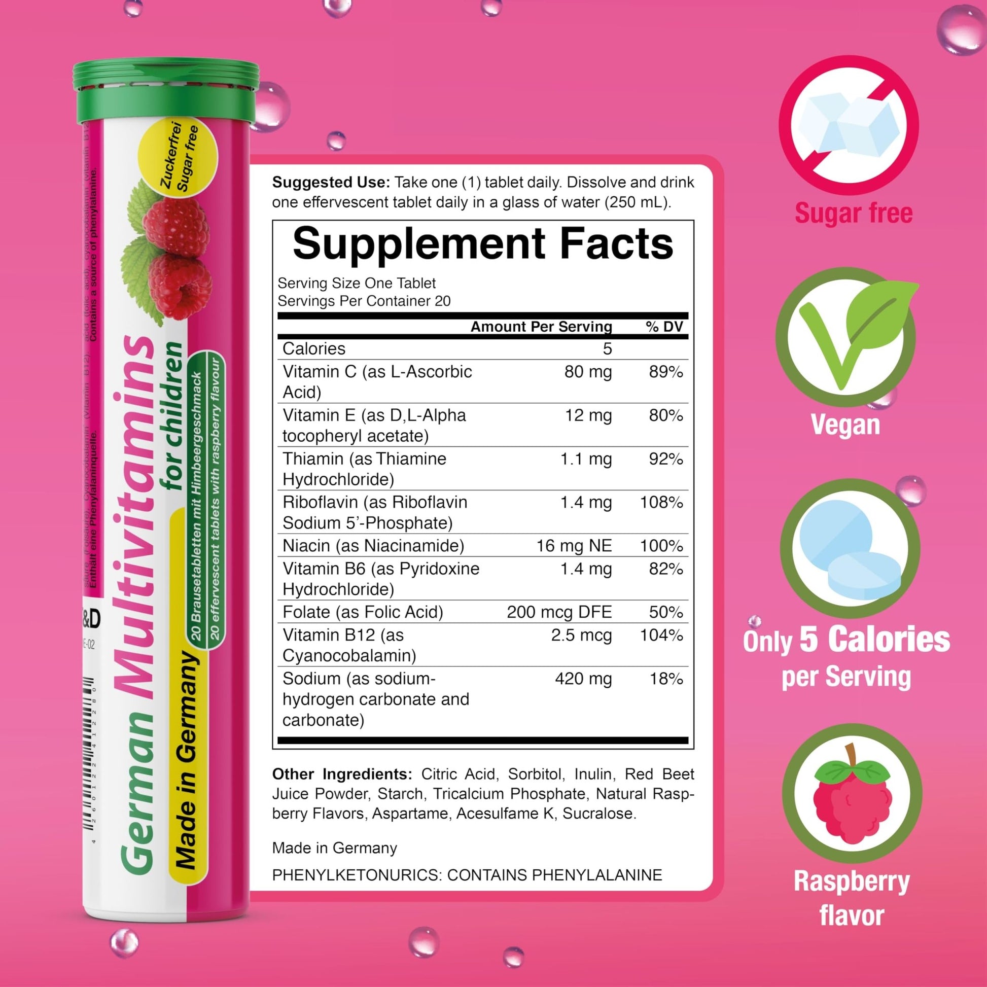T&D German Multivitamin for Children 60 Drink Effervescent Tablets - Sweet Raspberry Flavour, Sugar Free, Vegan - Vitamin C, E, B1, B2, B6, B12, Folic Acid, Niacin Pharma – Made in Germany - dailyvitalstore