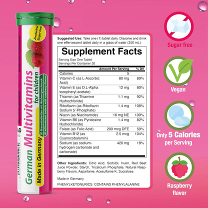 T&D German Multivitamin for Children 60 Drink Effervescent Tablets - Sweet Raspberry Flavour, Sugar Free, Vegan - Vitamin C, E, B1, B2, B6, B12, Folic Acid, Niacin Pharma – Made in Germany - dailyvitalstore