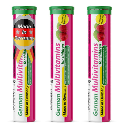 T&D German Multivitamin for Children 60 Drink Effervescent Tablets - Sweet Raspberry Flavour, Sugar Free, Vegan - Vitamin C, E, B1, B2, B6, B12, Folic Acid, Niacin Pharma – Made in Germany - dailyvitalstore