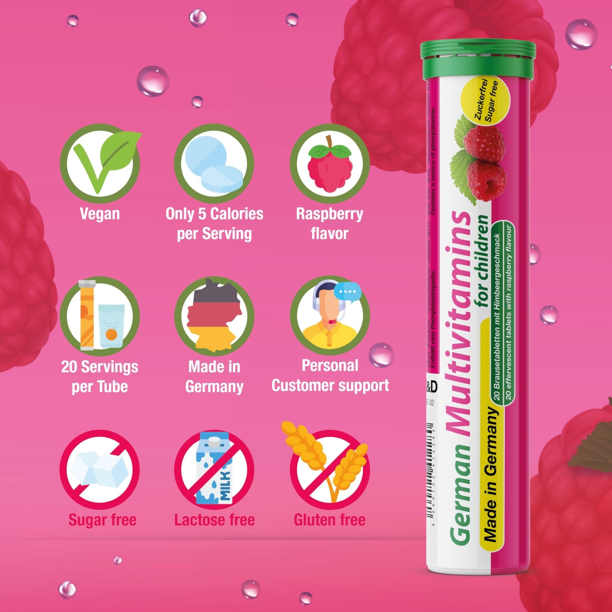 T&D German Multivitamin for Children 60 Drink Effervescent Tablets - Sweet Raspberry Flavour, Sugar Free, Vegan - Vitamin C, E, B1, B2, B6, B12, Folic Acid, Niacin Pharma – Made in Germany - dailyvitalstore