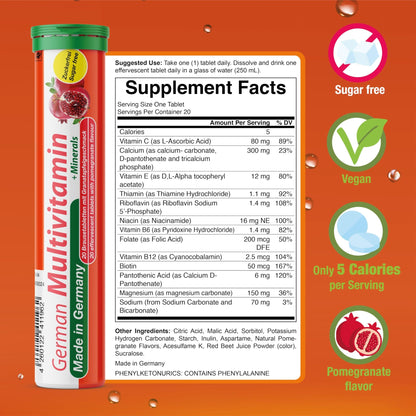T&D German Multivitamin + Mineralien Drink Effervescent Tablets 60 Servings Pomegranate Flavour – 10 Vitamins + 2 Minerals – Made in Germany - dailyvitalstore