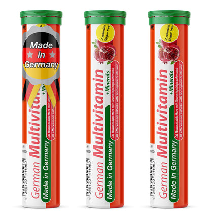 T&D German Multivitamin + Mineralien Drink Effervescent Tablets 60 Servings Pomegranate Flavour – 10 Vitamins + 2 Minerals – Made in Germany - dailyvitalstore