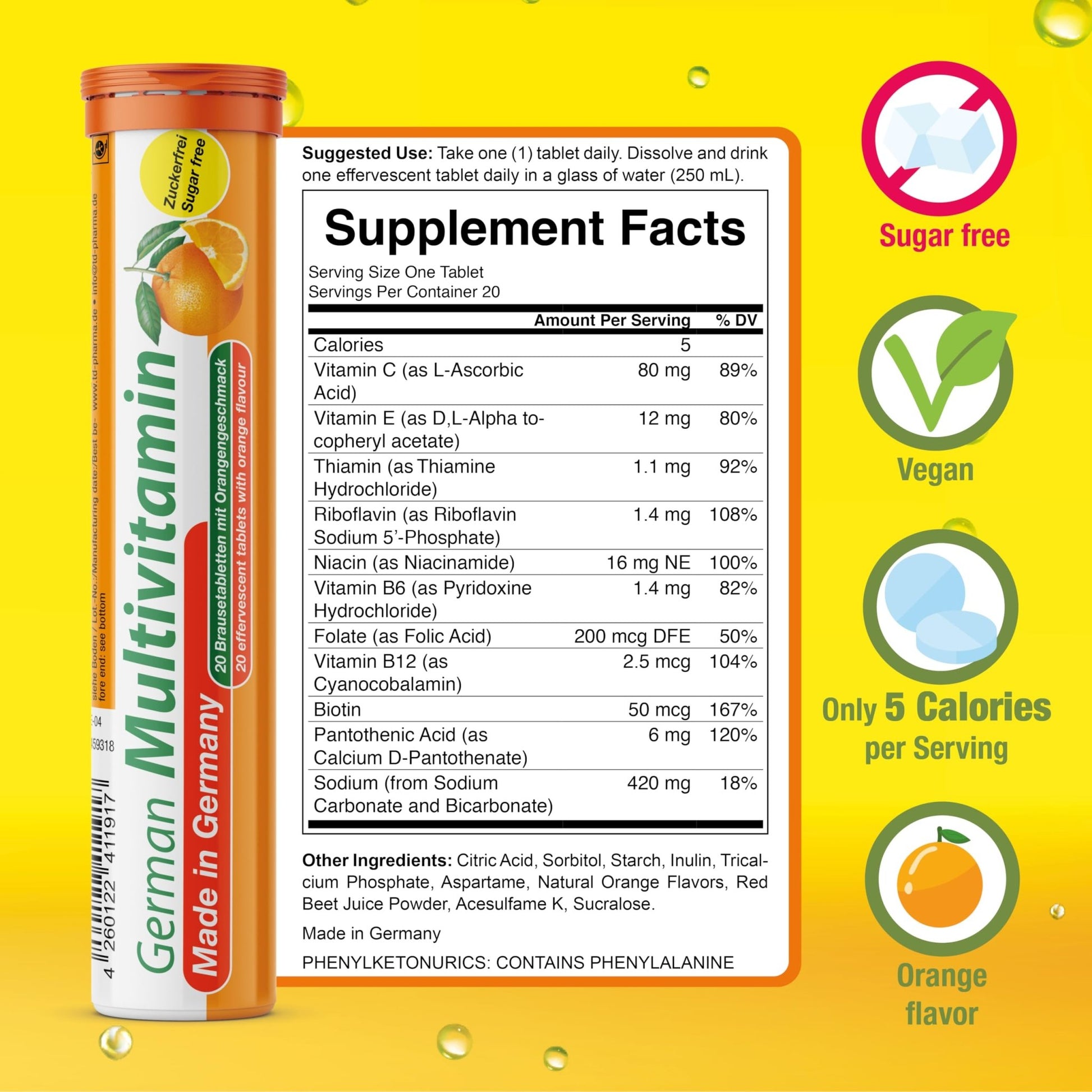 T&D German Multvitamin 10 Vitamins - 100 Vegan Drink Effervescent Tablets - Orange Flavor - Made in Germany - dailyvitalstore