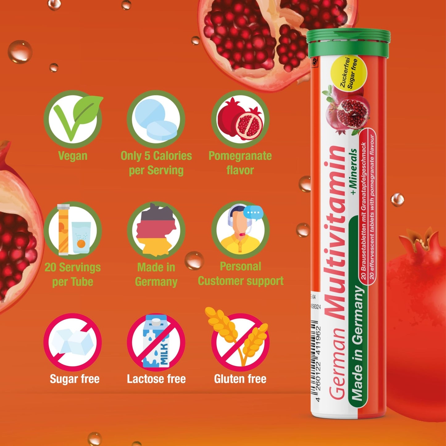T&D German Multvitamin + Minerals 10 Vitamins 2 Minerals - 240 Vegan Drink Effervescent Tablets - Pomegranate Flavor - Made in Germany - dailyvitalstore