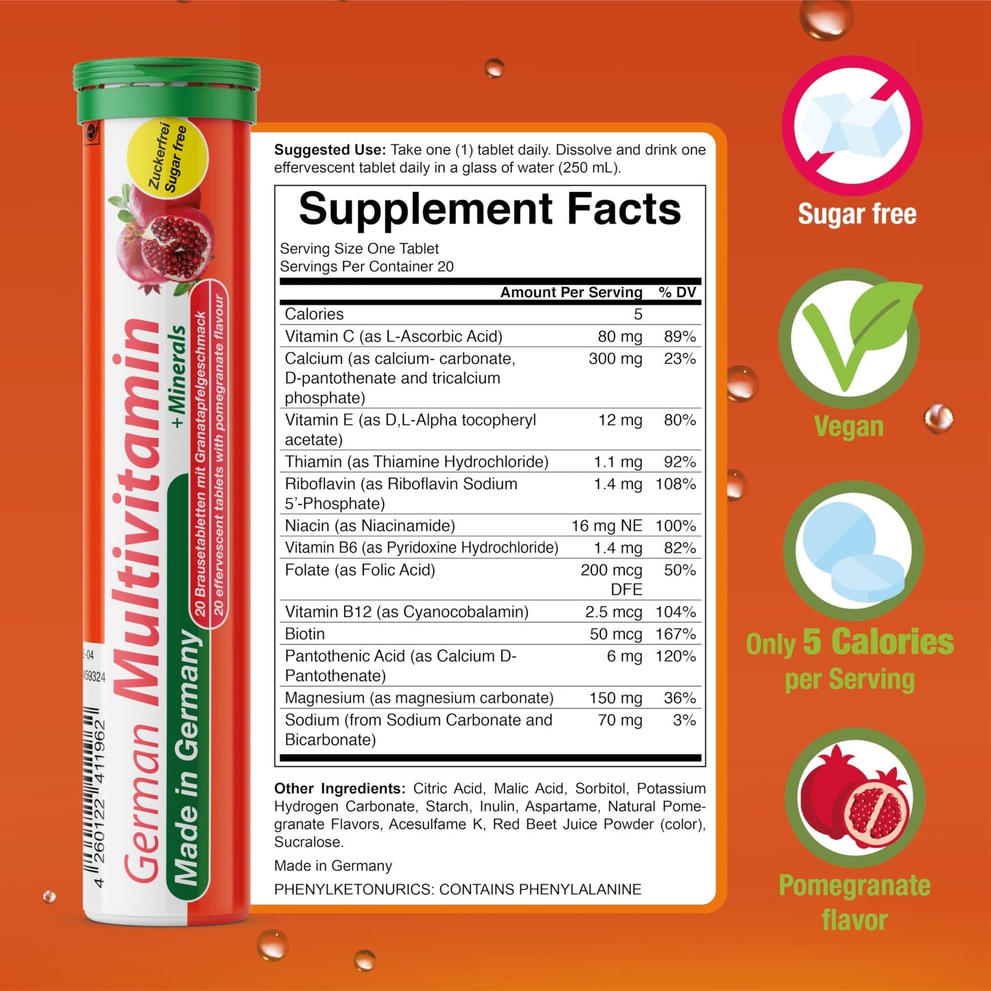 T&D German Multvitamin + Minerals 10 Vitamins 2 Minerals - 240 Vegan Drink Effervescent Tablets - Pomegranate Flavor - Made in Germany - dailyvitalstore