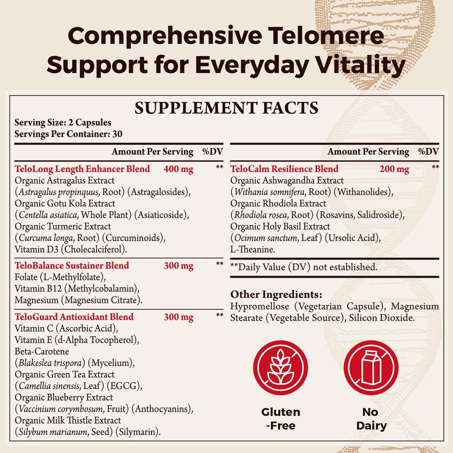 Telomere Lengthening Supplements – Organic Astragalus, Gotu Kola, Vitamin D3, Folate, L-Theanine – Anti-Aging, DNA Repair, Immune & Cellular – 60 Vegan Capsules, Made in Japan (1 Bottle) - dailyvitalstore