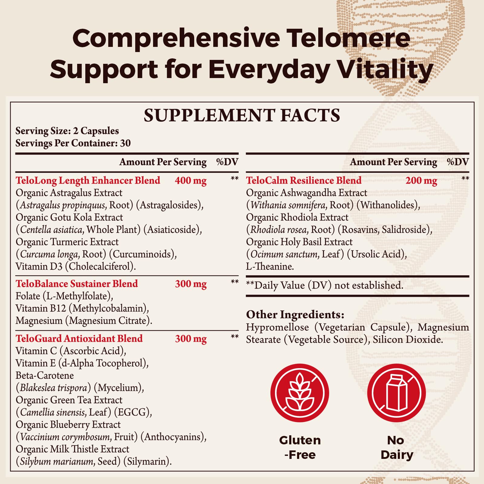 Telomere Lengthening Supplements – Organic Astragalus, Gotu Kola, Vitamin D3, Folate, L-Theanine – Anti-Aging, DNA Repair, Immune & Cellular – 60 Vegan Capsules, Made in Japan (1 Bottle) - dailyvitalstore