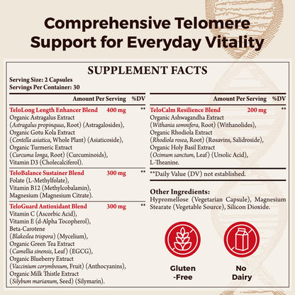 Telomere Lengthening Supplements – Organic Astragalus, Gotu Kola, Vitamin D3, Folate, L-Theanine – Anti-Aging, DNA Repair, Immune & Cellular – 60 Vegan Capsules, Made in Japan (1 Bottle) - dailyvitalstore