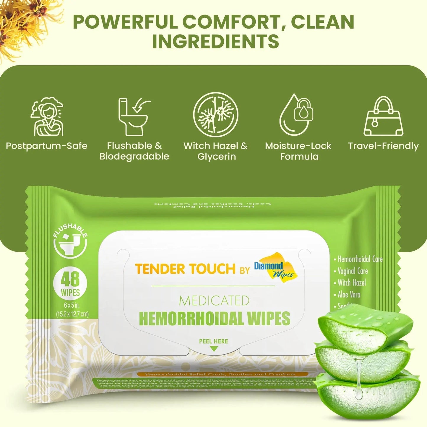 Tender Touch Hemorrhoid Wipes with Witch Hazel and Aloe, Flushable Medicated Wipes for Hemorrhoid and Vaginal Relief - Postpartum-Safe, Fragrance-free, Travel Size, 1 Pack, 48-ct. - dailyvitalstore