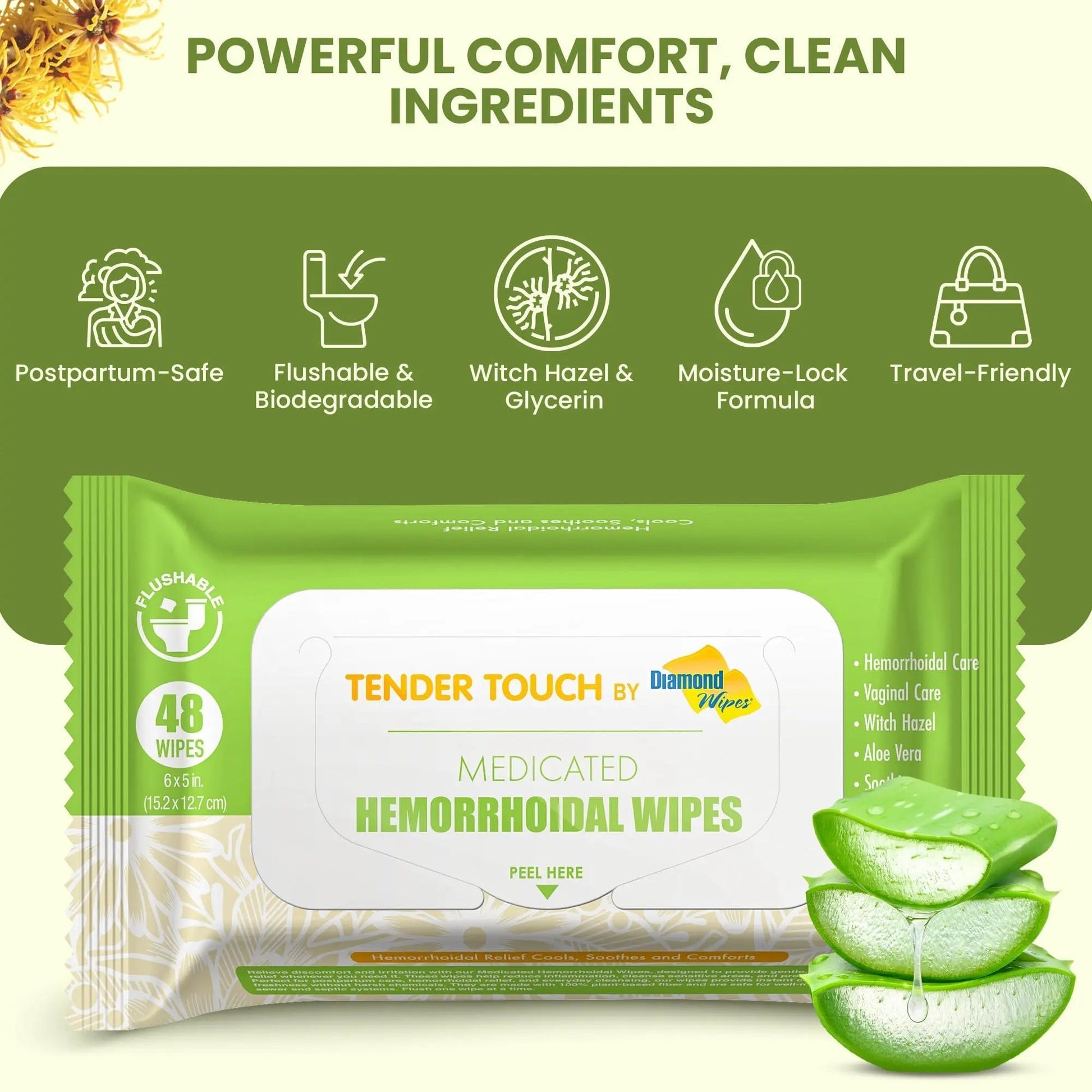 Tender Touch Hemorrhoid Wipes with Witch Hazel and Aloe, Flushable Medicated Wipes for Hemorrhoid and Vaginal Relief - Postpartum-Safe, Fragrance-free, Travel Size, 1 Pack, 48-ct. - dailyvitalstore
