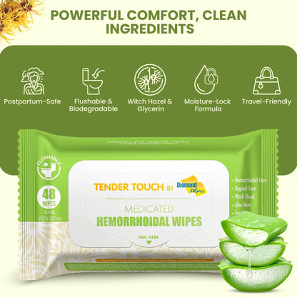 Tender Touch Hemorrhoid Wipes with Witch Hazel and Aloe, Flushable Medicated Wipes for Hemorrhoid and Vaginal Relief - Postpartum-Safe, Fragrance-free, Travel Size, 1 Pack, 48-ct. - dailyvitalstore