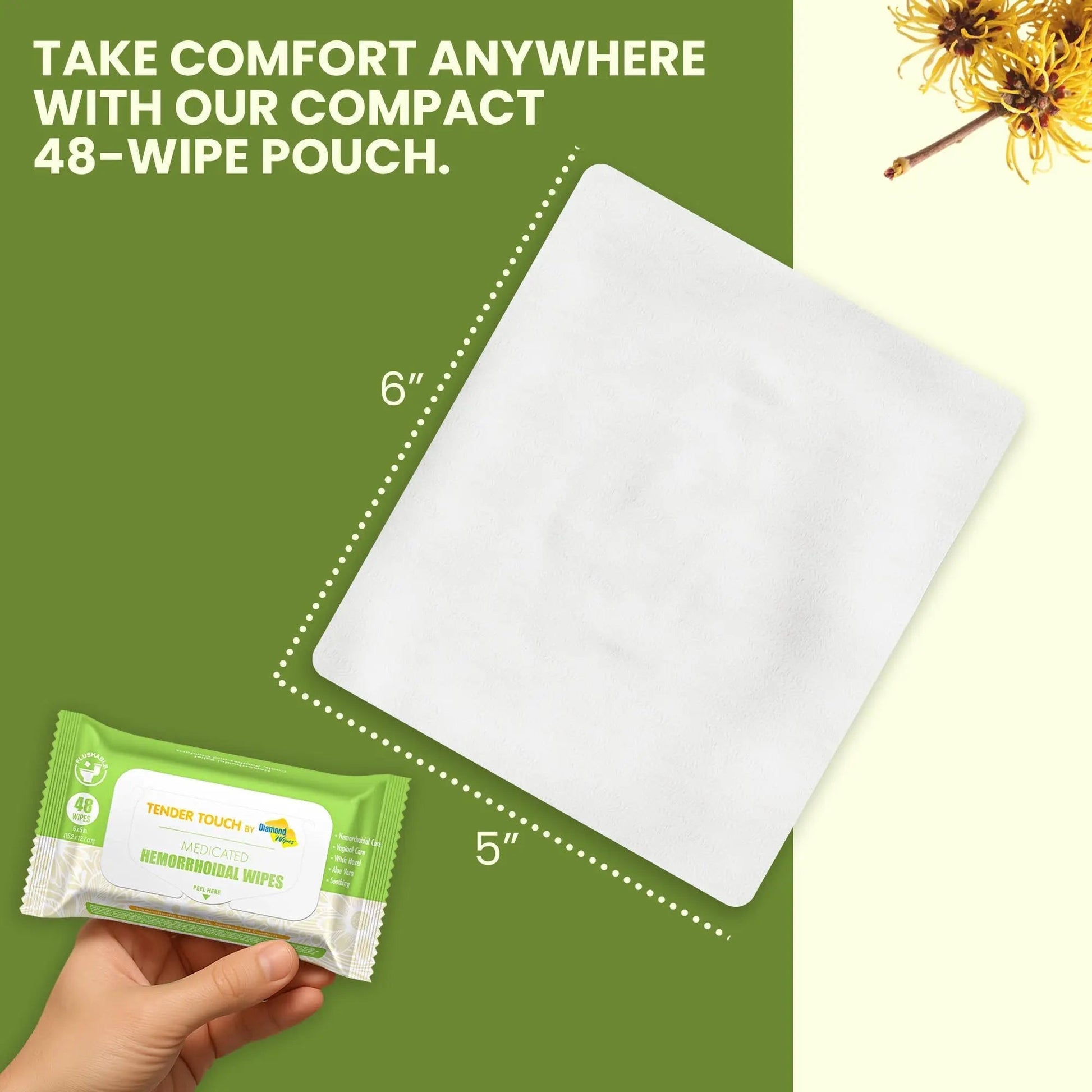 Tender Touch Hemorrhoid Wipes with Witch Hazel and Aloe, Flushable Medicated Wipes for Hemorrhoid and Vaginal Relief - Postpartum-Safe, Fragrance-free, Travel Size, 1 Pack, 48-ct. - dailyvitalstore