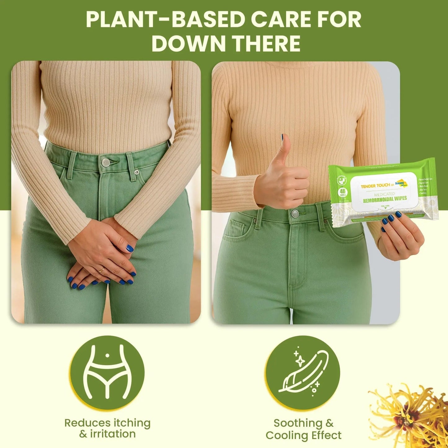Tender Touch Hemorrhoid Wipes with Witch Hazel and Aloe, Flushable Medicated Wipes for Hemorrhoid and Vaginal Relief - Postpartum-Safe, Fragrance-free, Travel Size, 1 Pack, 48-ct. - dailyvitalstore