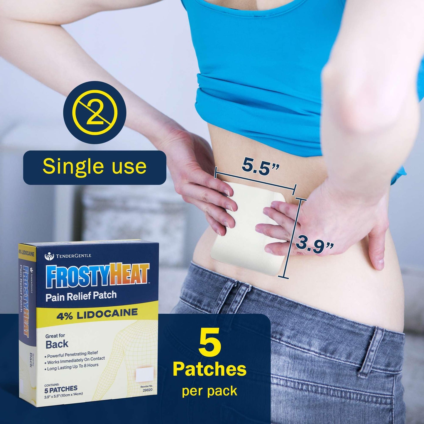 TenderGentle Four Percent Lidocaine Patches - 30 Back Pain Relief Patches with 4% Lidocaine for Aches, Muscle and Joint Discomfort - 3.9" x 5.5" Back, Shoulder, and Neck Pain Patch - dailyvitalstore