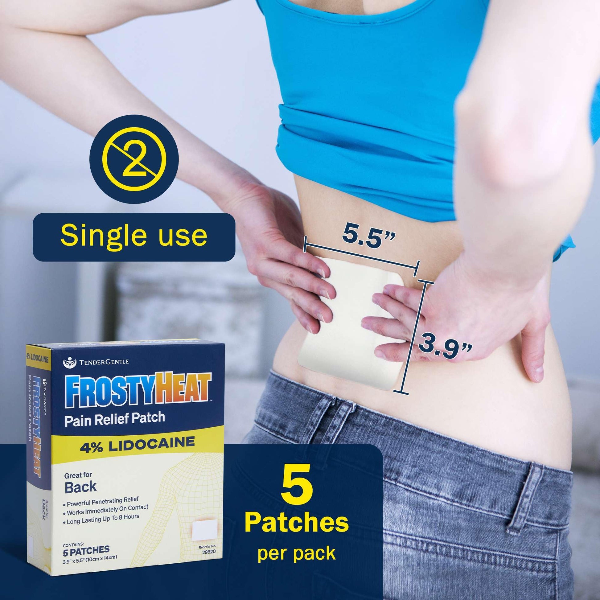 TenderGentle Four Percent Lidocaine Patches - 30 Back Pain Relief Patches with 4% Lidocaine for Aches, Muscle and Joint Discomfort - 3.9" x 5.5" Back, Shoulder, and Neck Pain Patch - dailyvitalstore
