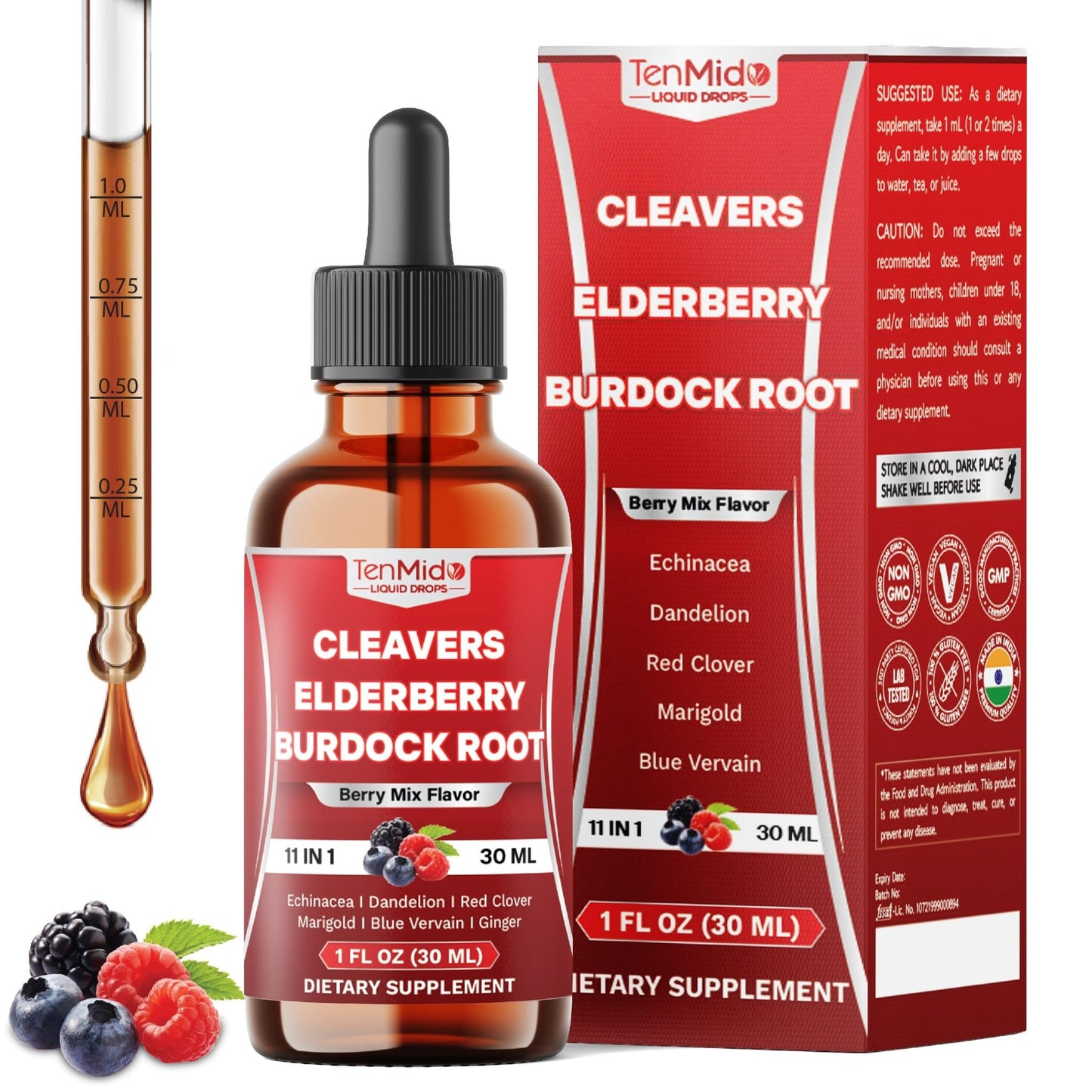 Tenmido 11in1 Lymphatic Drainage Drops with Cleavers, Elderberry, Burdock Root, Echinacea, Dandelion, Red Clover, Marigold, Blue Vervain, Ginger, Licorice, Rosehip - 30 Days Supply - 1FL Oz - dailyvitalstore
