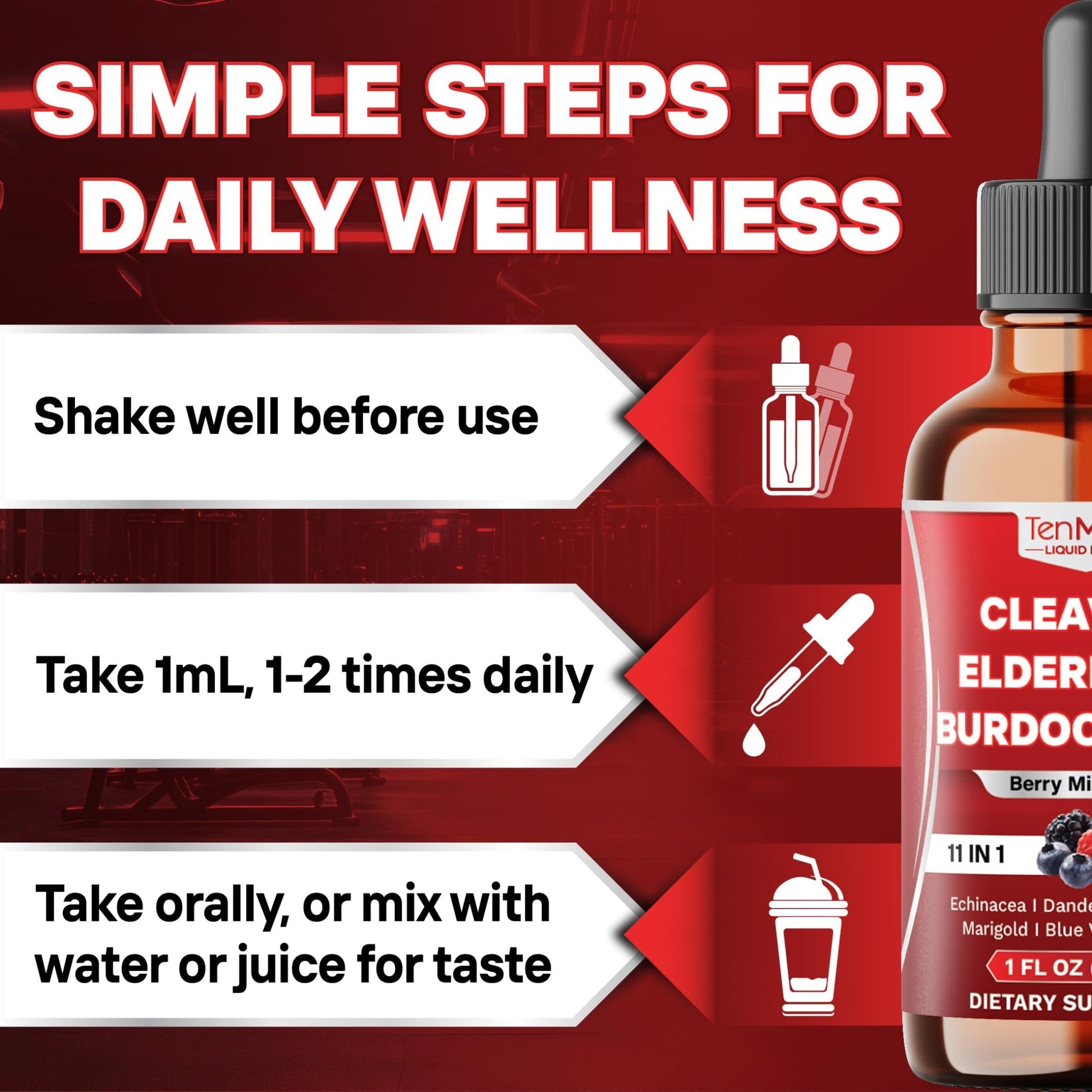 Tenmido 11in1 Lymphatic Drainage Drops with Cleavers, Elderberry, Burdock Root, Echinacea, Dandelion, Red Clover, Marigold, Blue Vervain, Ginger, Licorice, Rosehip - 30 Days Supply - 1FL Oz - dailyvitalstore