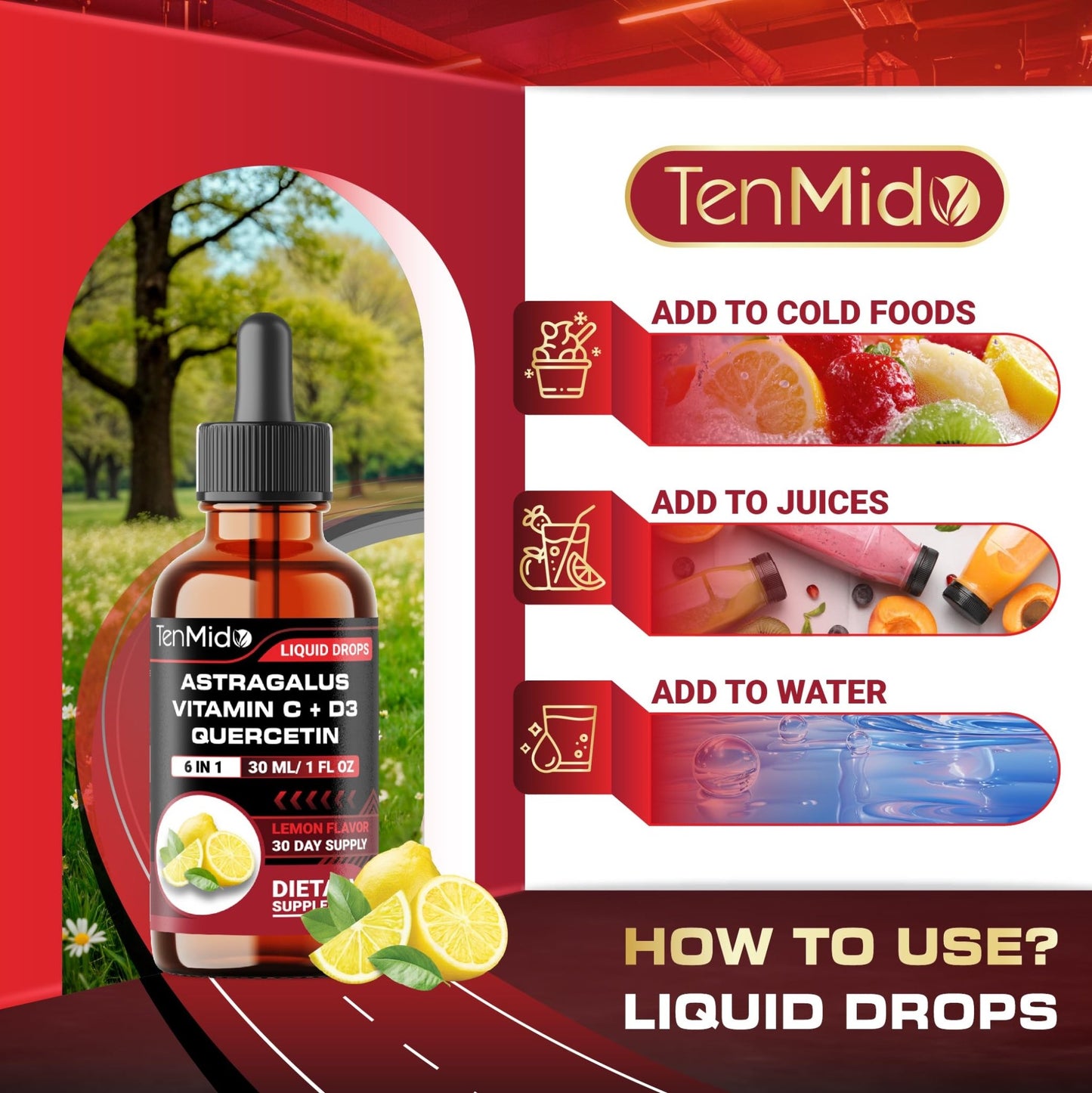 Tenmido 6-in-1 Astragalus Root Tincture - Herbal Extract Supplements with Quercetin, Rhodiola Rosea, Vitamin D3, Vitamin C, and Zinc - Vegan, Non-GMO - 30ml 1 Fl Oz - dailyvitalstore