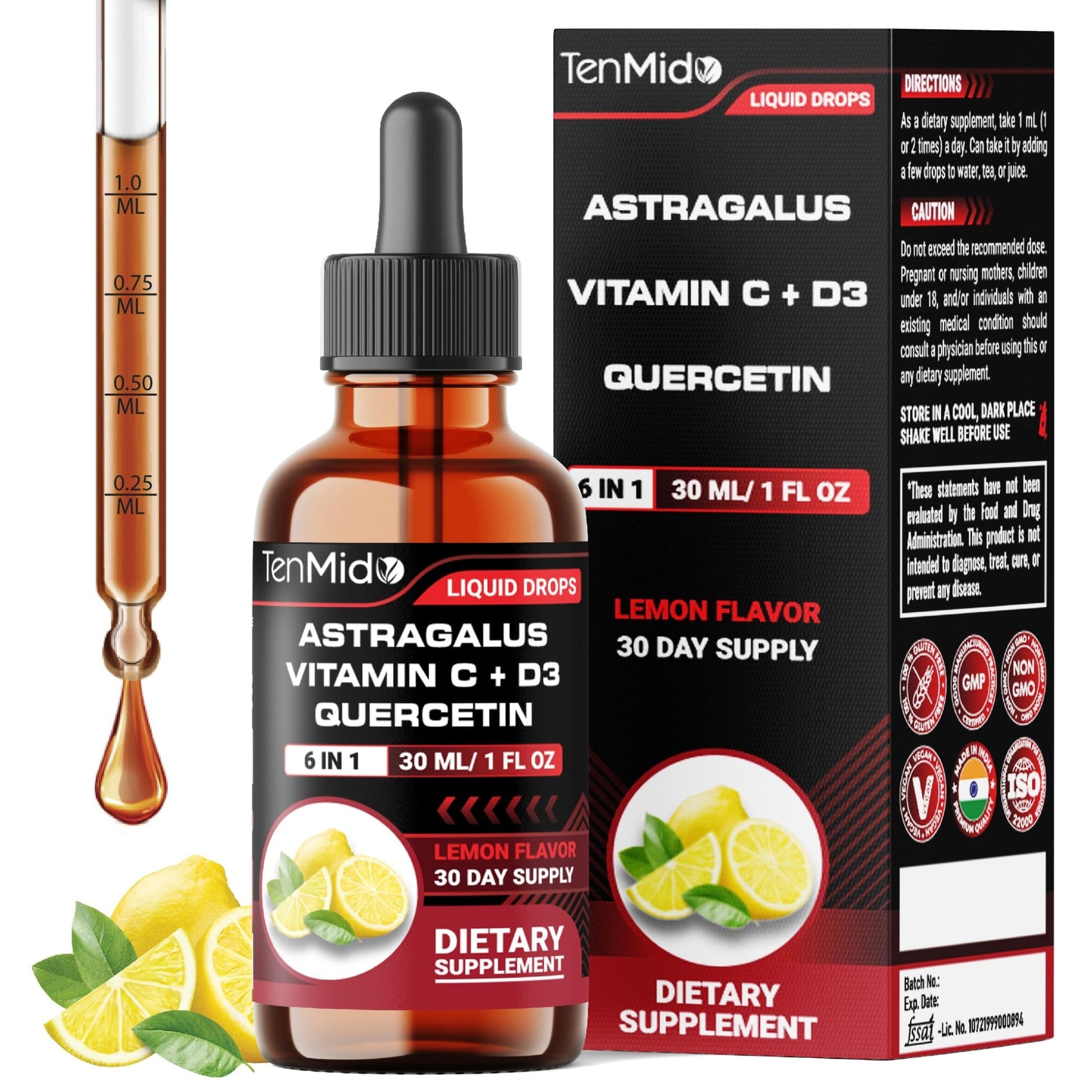 Tenmido 6-in-1 Astragalus Root Tincture - Herbal Extract Supplements with Quercetin, Rhodiola Rosea, Vitamin D3, Vitamin C, and Zinc - Vegan, Non-GMO - 30ml 1 Fl Oz - dailyvitalstore