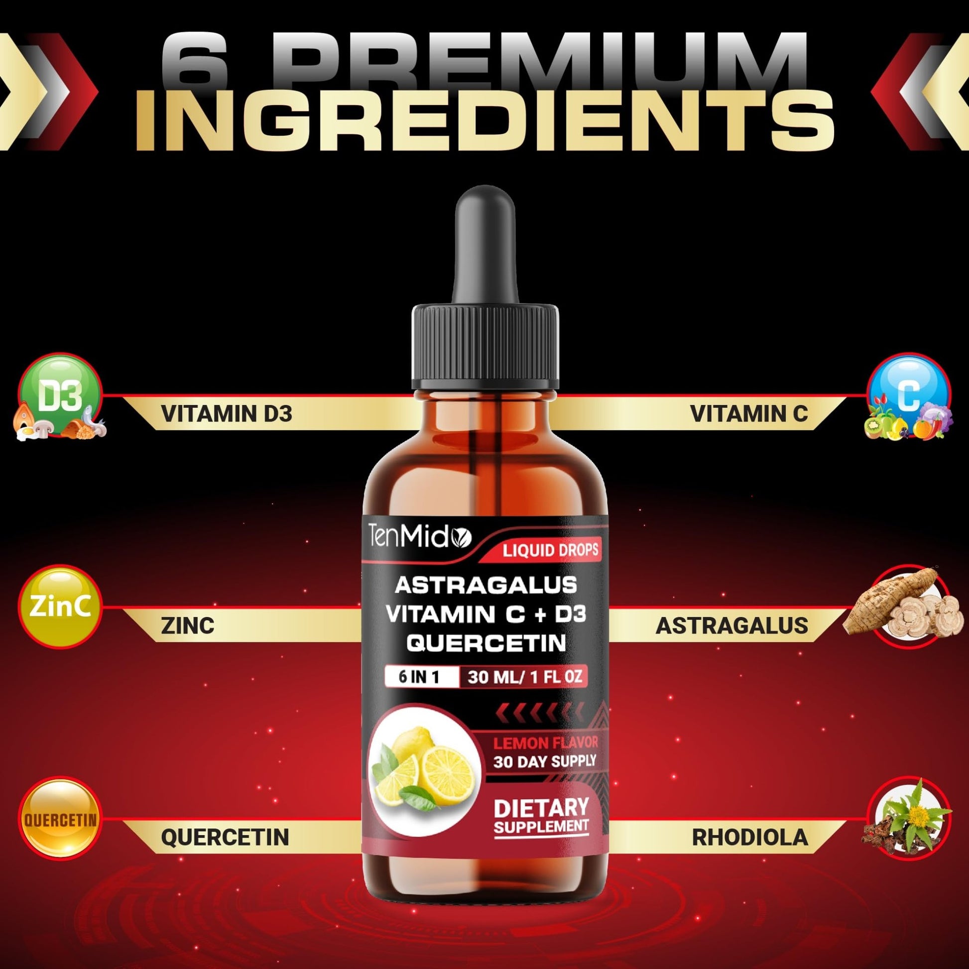 Tenmido 6-in-1 Astragalus Root Tincture - Herbal Extract Supplements with Quercetin, Rhodiola Rosea, Vitamin D3, Vitamin C, and Zinc - Vegan, Non-GMO - 30ml 1 Fl Oz - dailyvitalstore