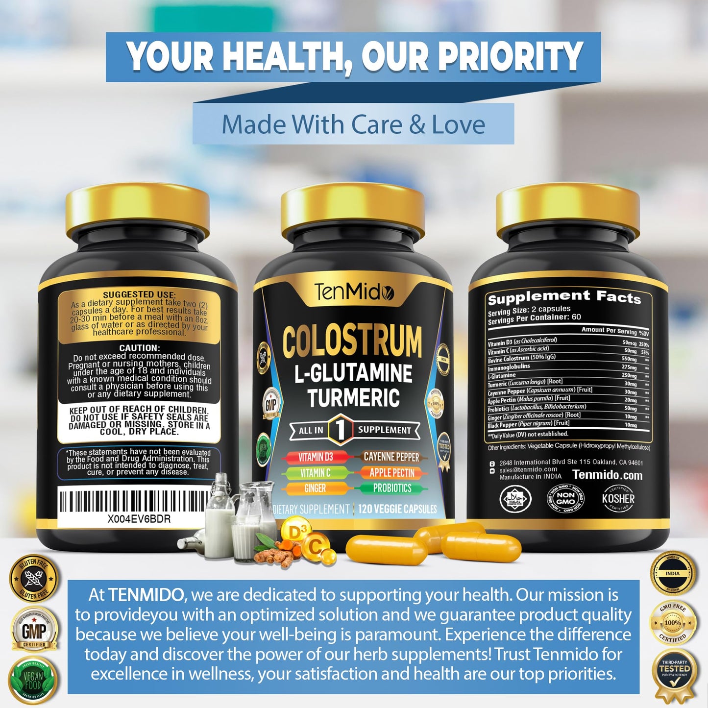 Tenmido Colostrum Supplement - 10in1 Formula - Combine with L- Glutamine, Turmeric, Cayenne Pepper, Apple Pectin, Probiotics, Ginger, and More - Digestive Health, Immune Support - 120 Capsules - dailyvitalstore