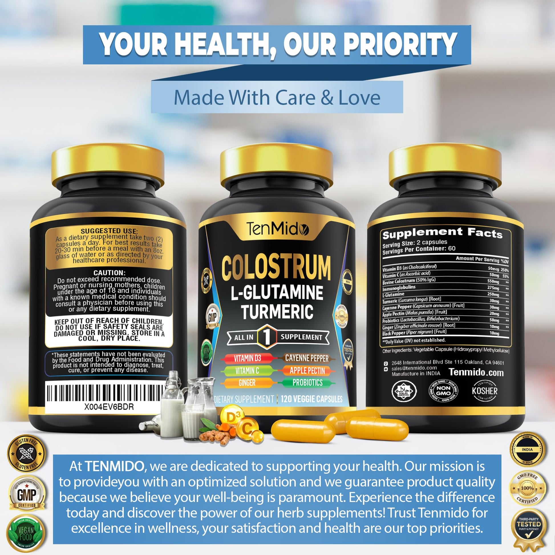 Tenmido Colostrum Supplement - 10in1 Formula - Combine with L- Glutamine, Turmeric, Cayenne Pepper, Apple Pectin, Probiotics, Ginger, and More - Digestive Health, Immune Support - 120 Capsules - dailyvitalstore