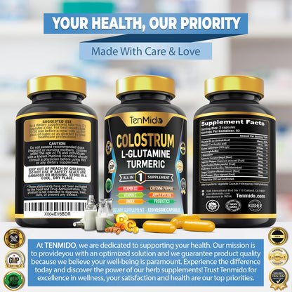 Tenmido Colostrum Supplement - 10in1 Formula - Combine with L- Glutamine, Turmeric, Cayenne Pepper, Apple Pectin, Probiotics, Ginger, and More - Digestive Health, Immune Support - 120 Capsules - dailyvitalstore