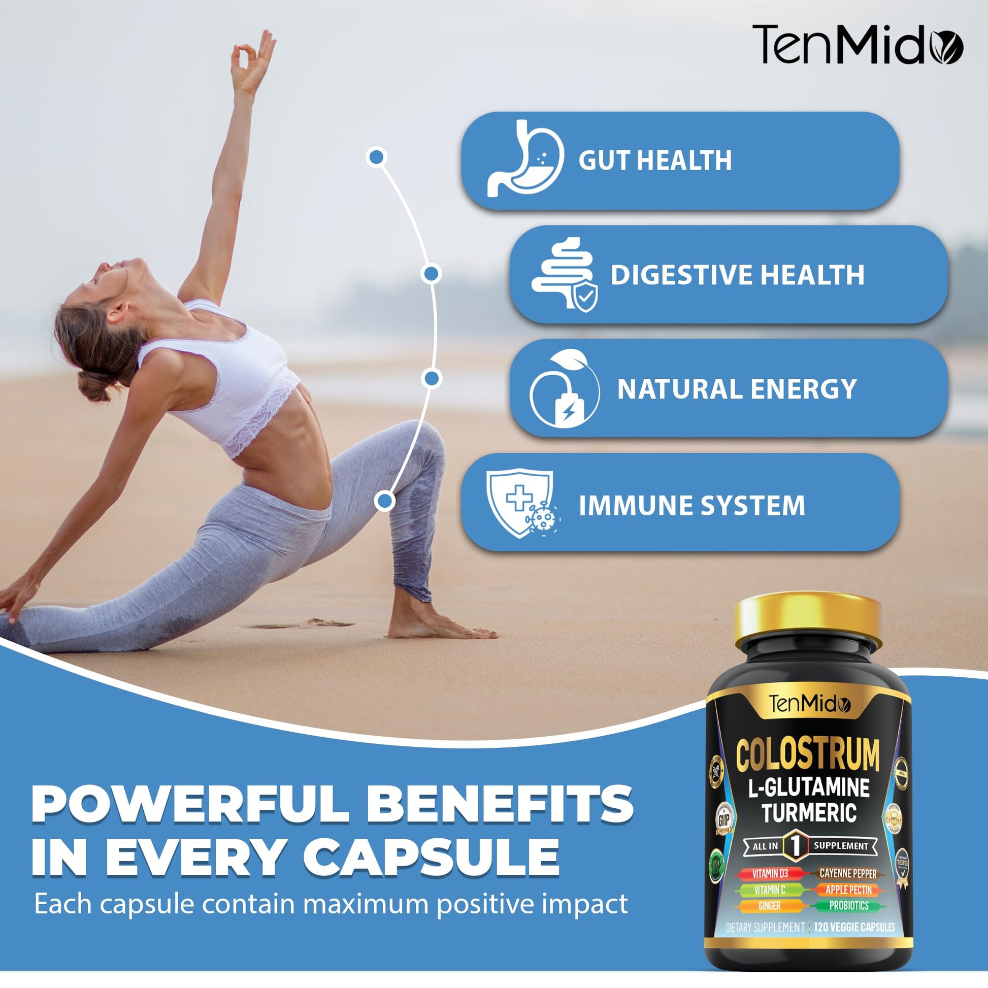 Tenmido Colostrum Supplement - 10in1 Formula - Combine with L- Glutamine, Turmeric, Cayenne Pepper, Apple Pectin, Probiotics, Ginger, and More - Digestive Health, Immune Support - 120 Capsules - dailyvitalstore