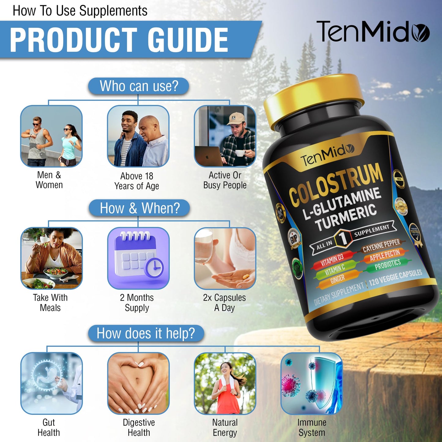 Tenmido Colostrum Supplement - 10in1 Formula - Combine with L- Glutamine, Turmeric, Cayenne Pepper, Apple Pectin, Probiotics, Ginger, and More - Digestive Health, Immune Support - 120 Capsules - dailyvitalstore