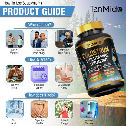 Tenmido Colostrum Supplement - 10in1 Formula - Combine with L- Glutamine, Turmeric, Cayenne Pepper, Apple Pectin, Probiotics, Ginger, and More - Digestive Health, Immune Support - 120 Capsules - dailyvitalstore