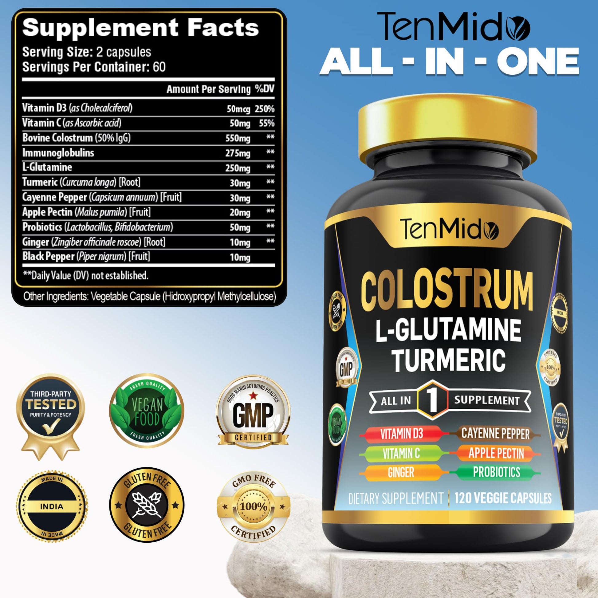 Tenmido Colostrum Supplement - 10in1 Formula - Combine with L- Glutamine, Turmeric, Cayenne Pepper, Apple Pectin, Probiotics, Ginger, and More - Digestive Health, Immune Support - 120 Capsules - dailyvitalstore
