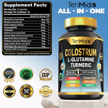 Tenmido Colostrum Supplement - 10in1 Formula - Combine with L- Glutamine, Turmeric, Cayenne Pepper, Apple Pectin, Probiotics, Ginger, and More - Digestive Health, Immune Support - 120 Capsules - dailyvitalstore