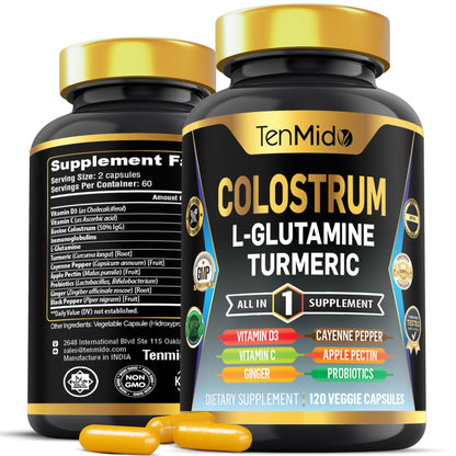 Tenmido Colostrum Supplement - 10in1 Formula - Combine with L- Glutamine, Turmeric, Cayenne Pepper, Apple Pectin, Probiotics, Ginger, and More - Digestive Health, Immune Support - 120 Capsules - dailyvitalstore