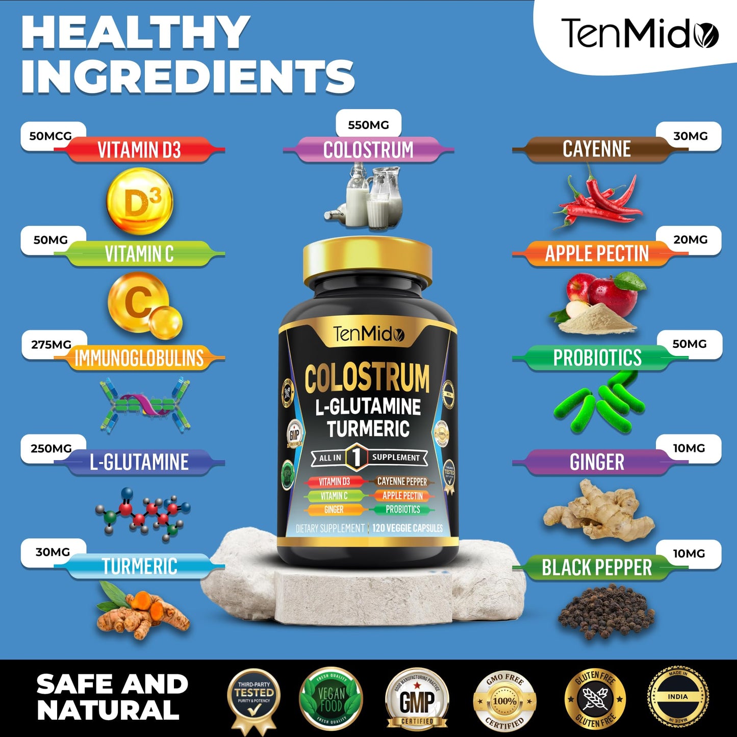 Tenmido Colostrum Supplement - 10in1 Formula - Combine with L- Glutamine, Turmeric, Cayenne Pepper, Apple Pectin, Probiotics, Ginger, and More - Digestive Health, Immune Support - 120 Capsules - dailyvitalstore