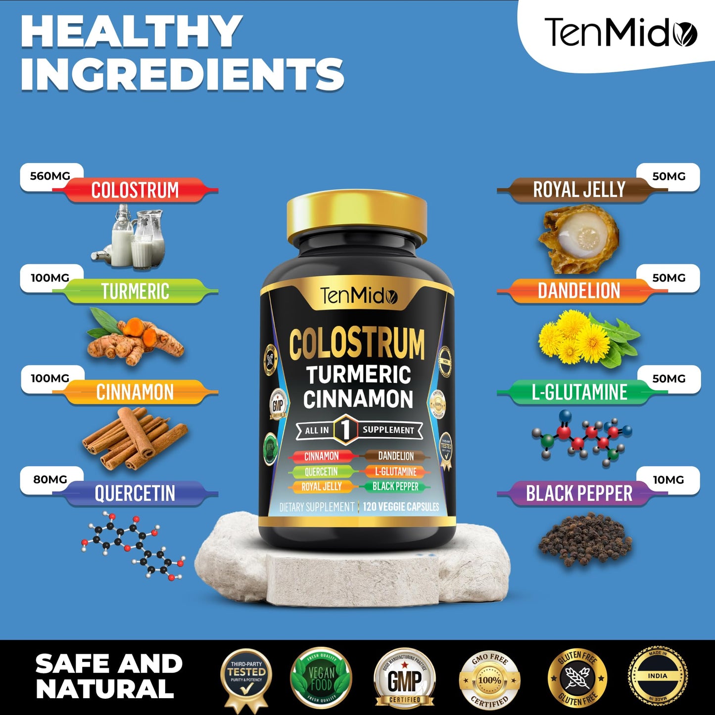 Tenmido Colostrum Supplement - 8in1 Formula - Combine with Turmeric, Ceylon Cinnamon, Quercetin, Royal Jelly, Dandelion, L- Glutamine, and Black Pepper - Digestive Health Support - 120 Capsules - dailyvitalstore