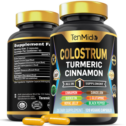 Tenmido Colostrum Supplement - 8in1 Formula - Combine with Turmeric, Ceylon Cinnamon, Quercetin, Royal Jelly, Dandelion, L- Glutamine, and Black Pepper - Digestive Health Support - 120 Capsules - dailyvitalstore
