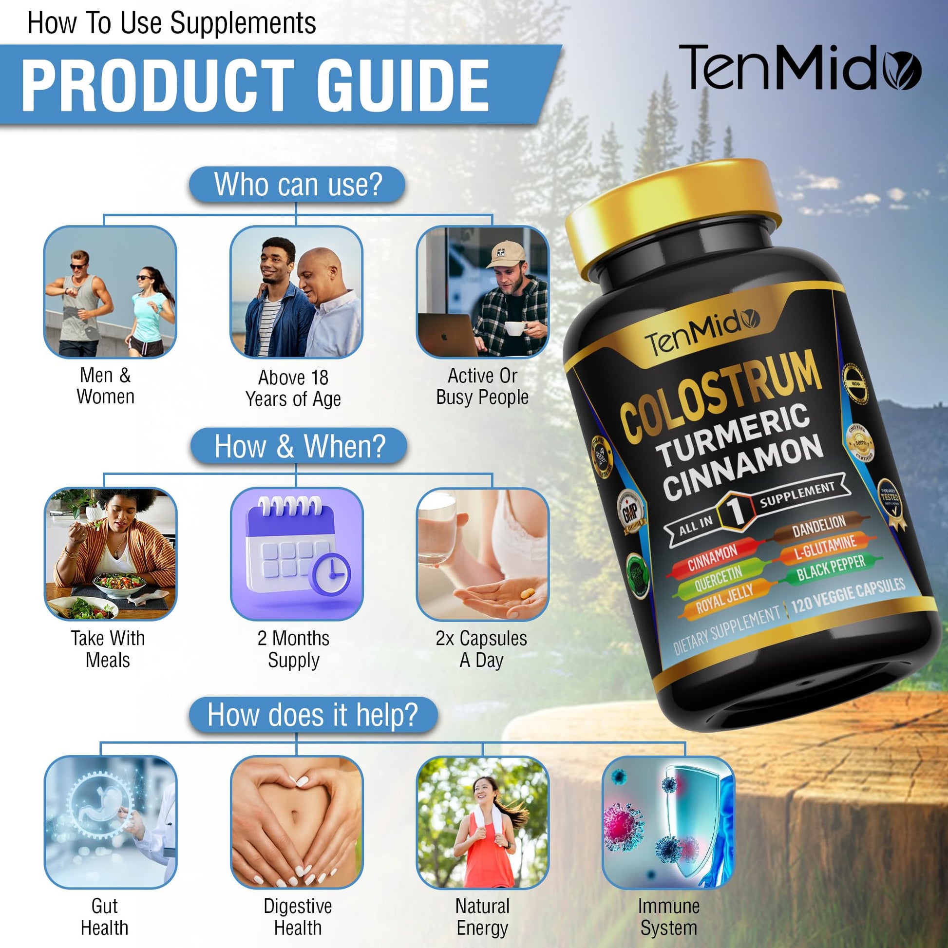 Tenmido Colostrum Supplement - 8in1 Formula - Combine with Turmeric, Ceylon Cinnamon, Quercetin, Royal Jelly, Dandelion, L- Glutamine, and Black Pepper - Digestive Health Support - 120 Capsules - dailyvitalstore